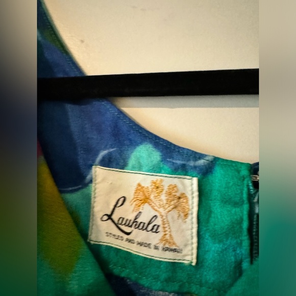Vintage 60s Luahala Floral Hawaiian Dress Green Blue Tie Dye Fitted Small? EUC - Picture 3 of 3